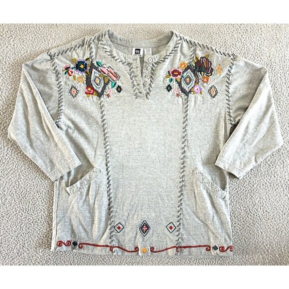 Vintage Together Floral Embroidered Sweater Henley Grey Pockets - Picture 1 of 16